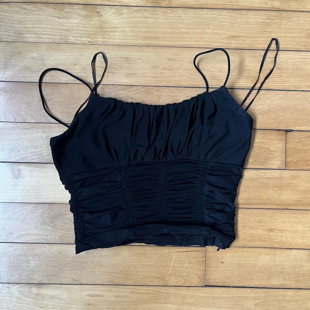 Princess Polly Black Ruched Mesh Corset Camisole Top Size US 0 Slim Fit Zip Side